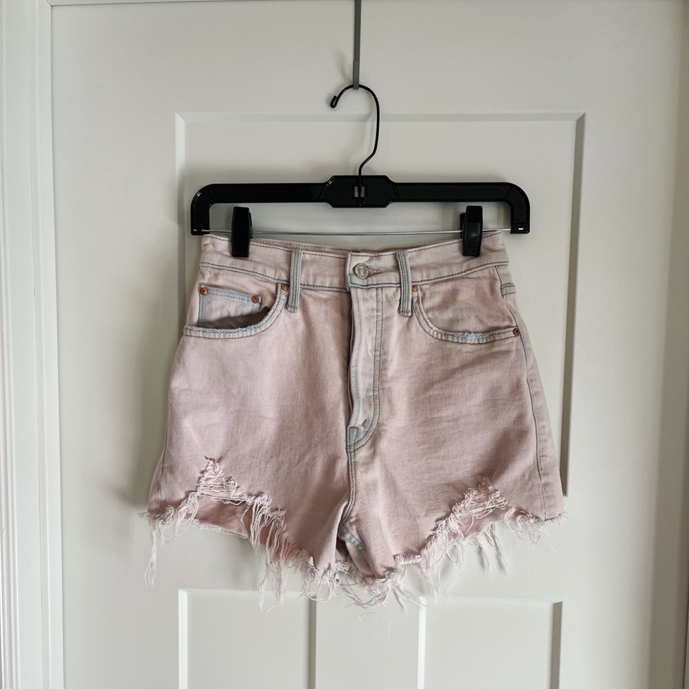 MOTHER Pale Pink Distressed High-Rise Denim Shorts